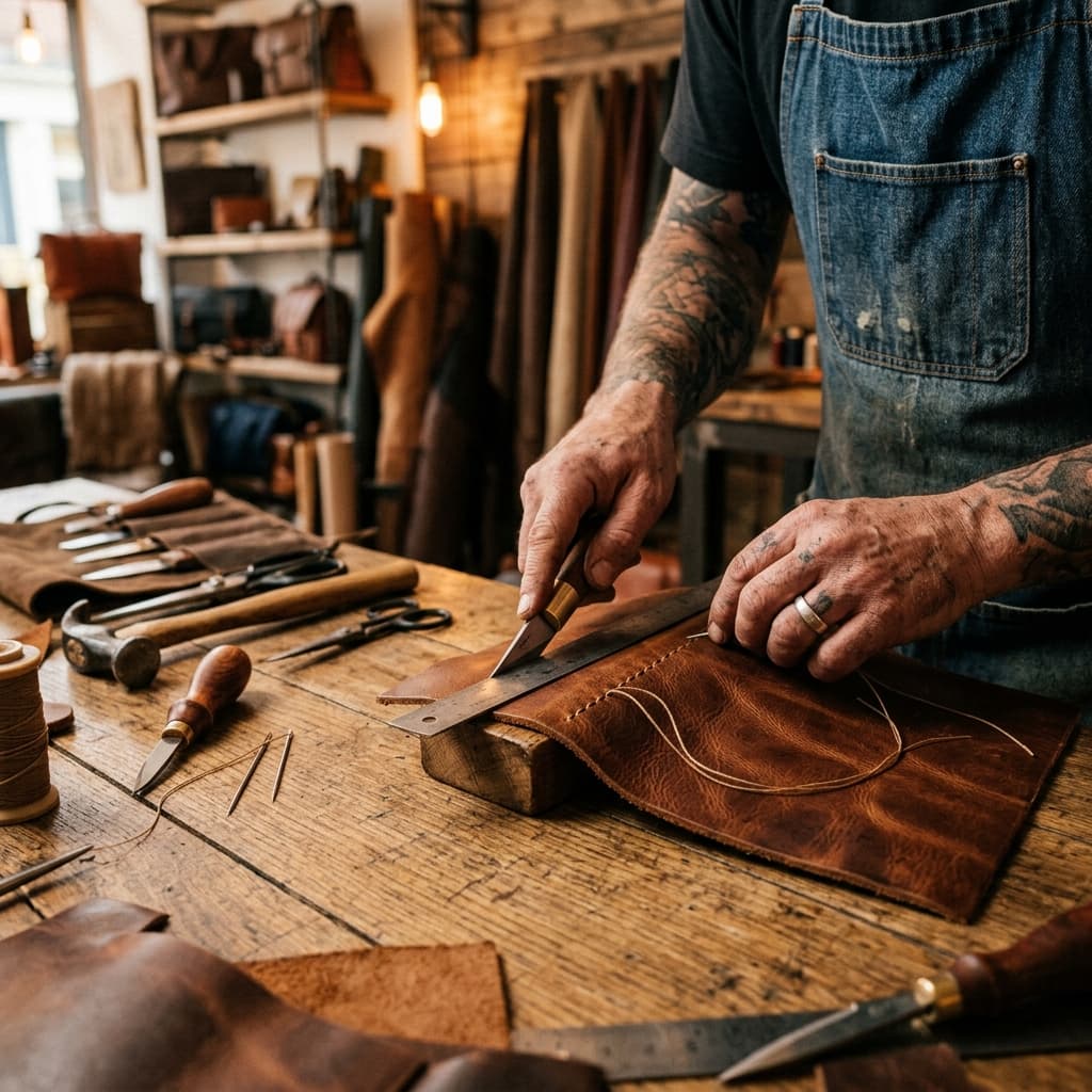 Master artisan handcrafting premium leather goods at AB Leathers workshop in Dhaka